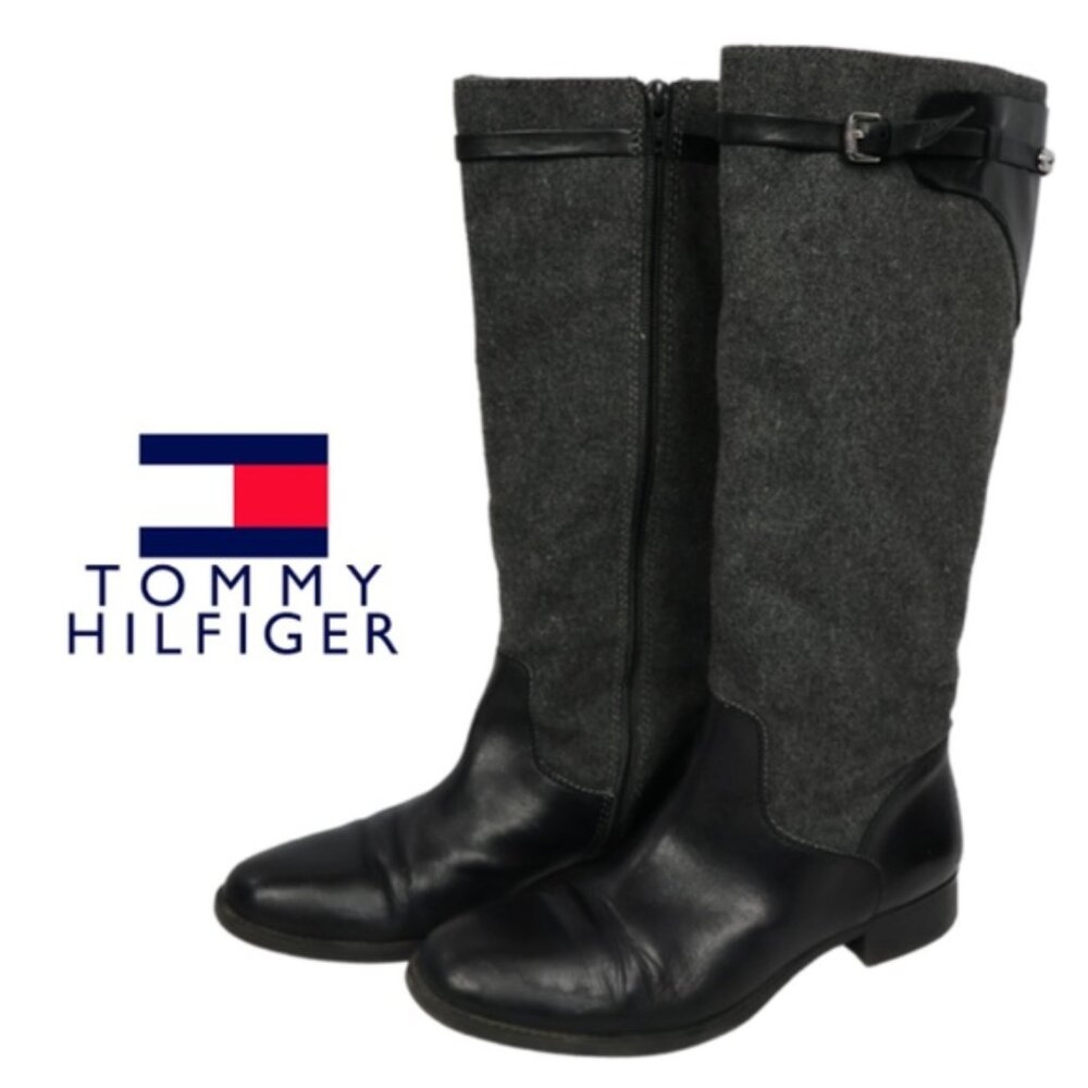 Tommy Hilfiger Black Faux Leather Gray Wool Like Tall Riding Buckle Boots - 9.5